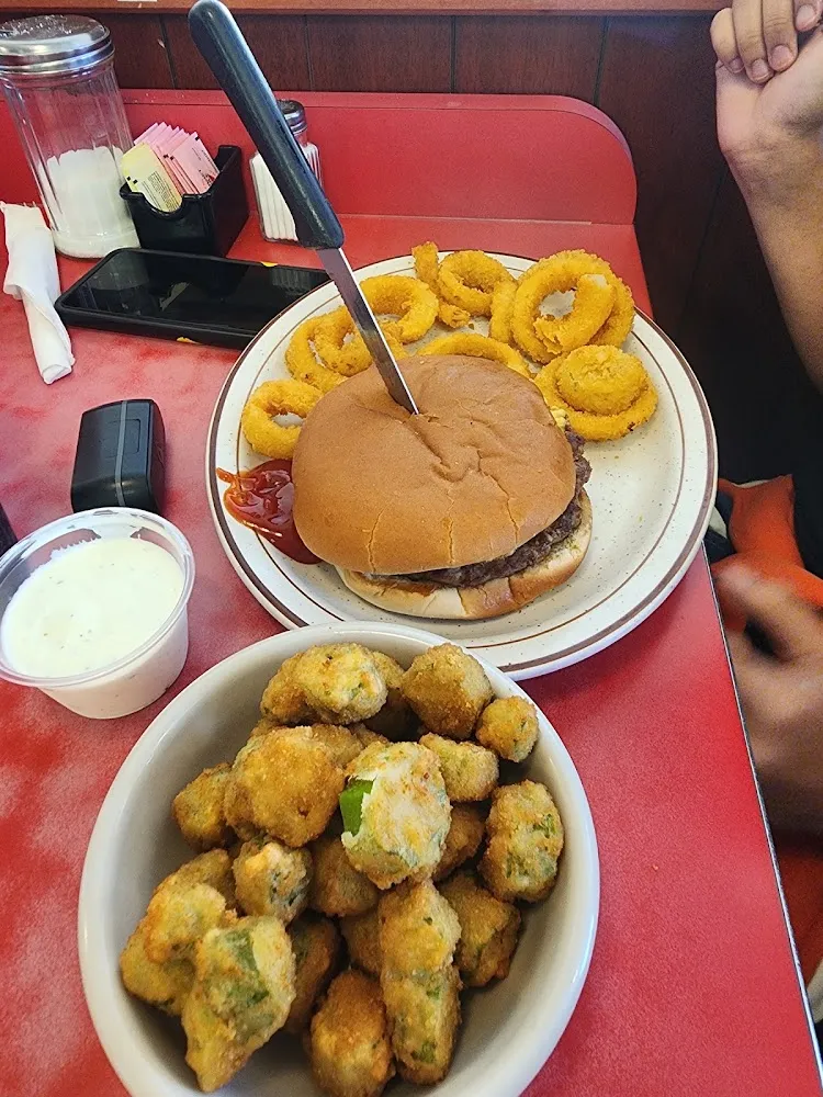 Hamburger with Onion Rings and a Bowl of Okra